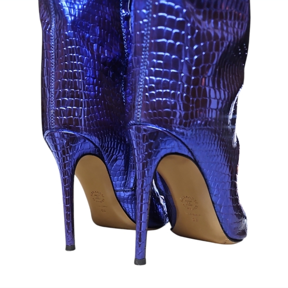 ALEXANDRE VAUTHIER | Metallic Blue Croc‑Embossed Patent Leather Knee‑High Boots - Picture 9 of 11